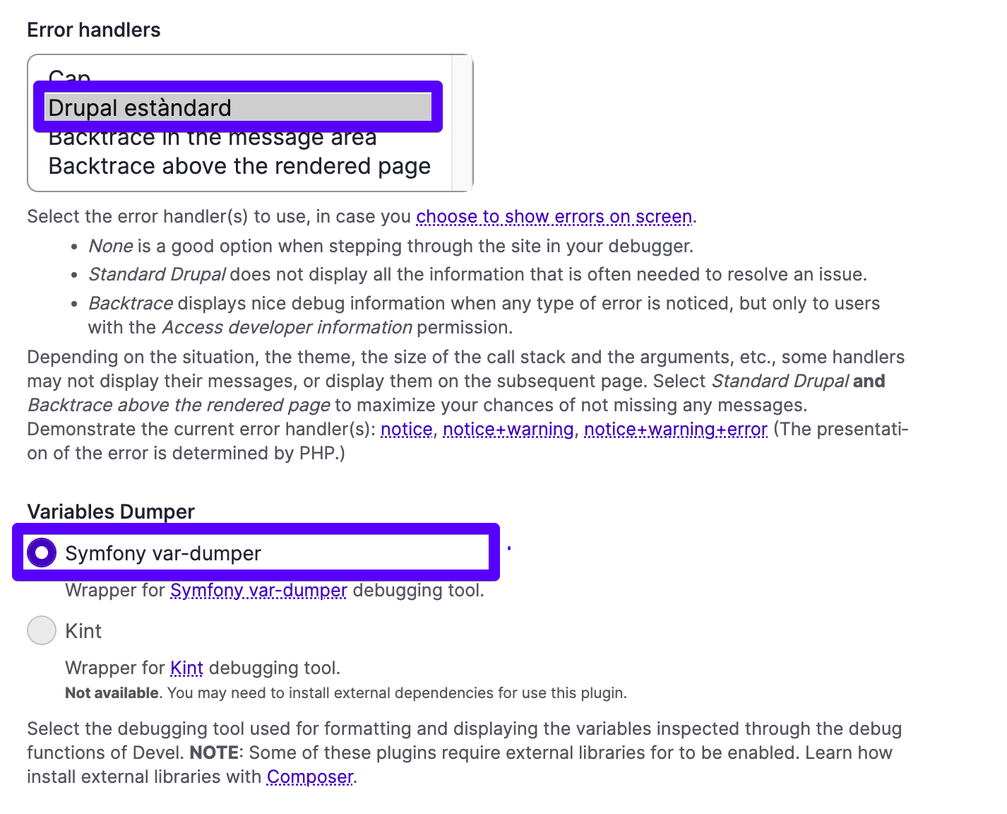 Ejemplo de configuración del módulo Devel